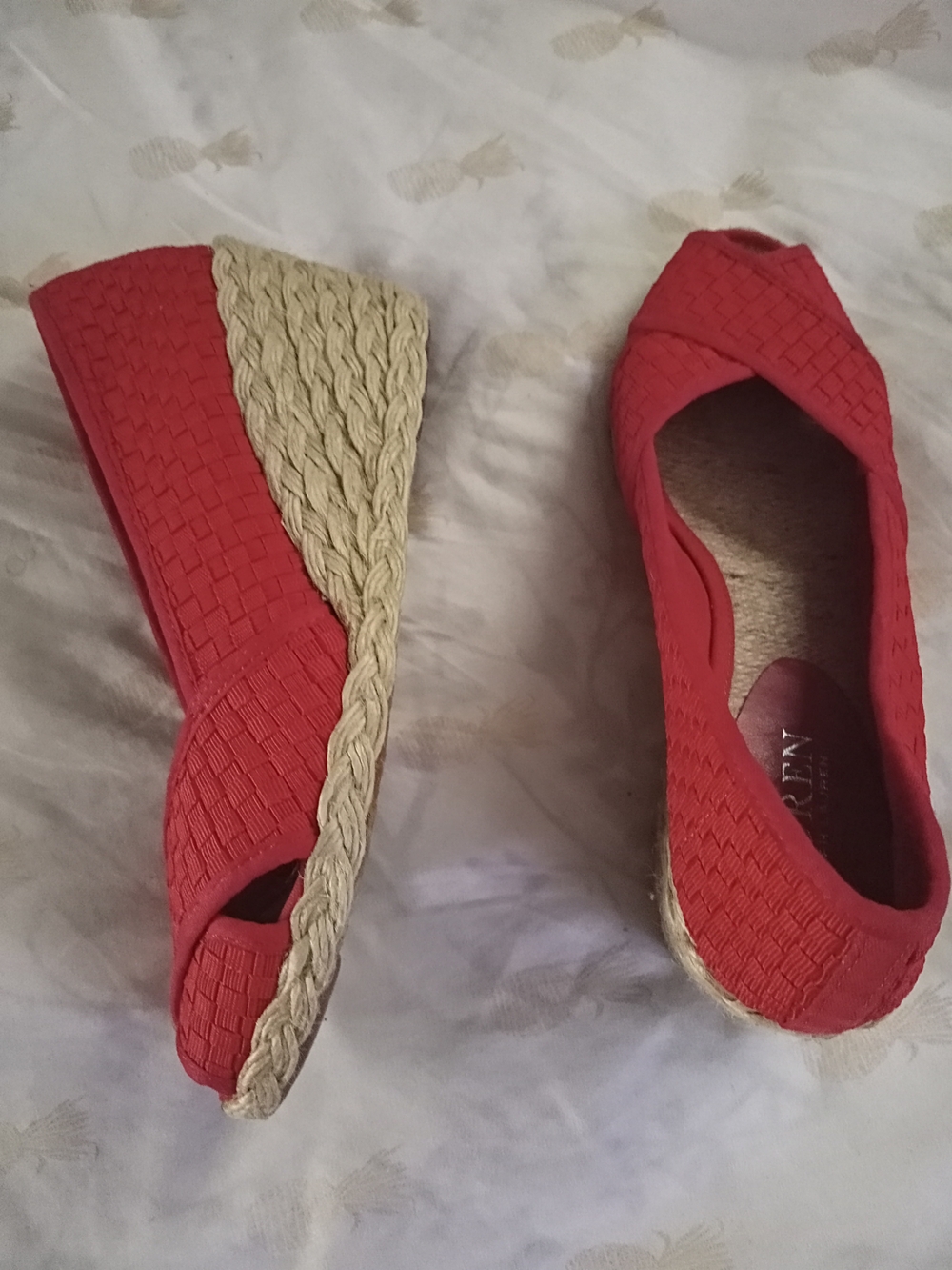Woven Ralph Lauren Cecilia Red Silk Blend Wedges Espadrilles Criss Cross Peeptoe